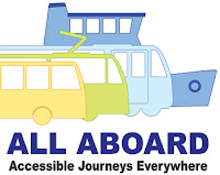 All Aboard Logo with images of bus, train, tram and ferry. Text says All Aboard - Accessible Journeys Everywhere