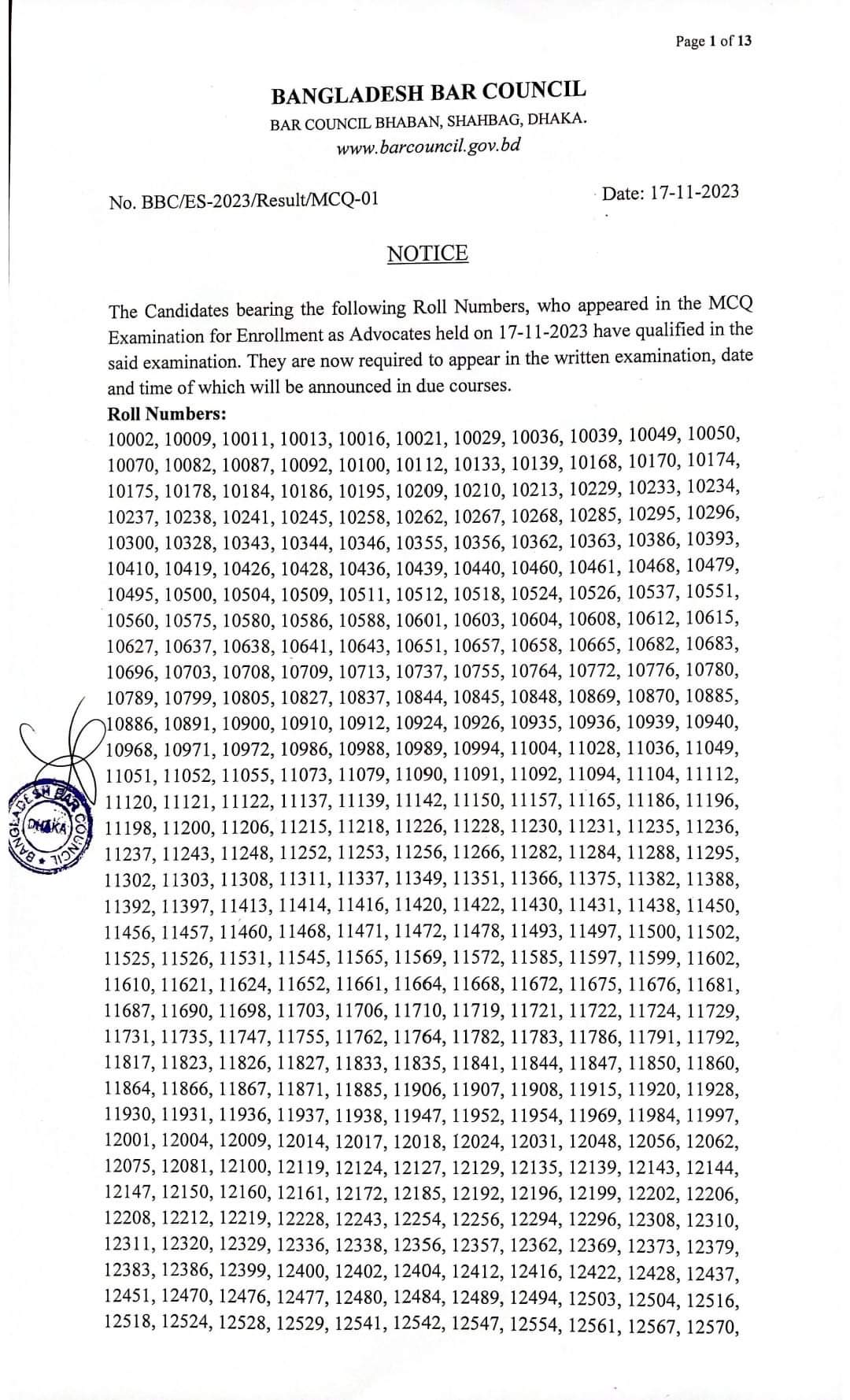 Result of Bar Council's Enrolment MCQ Exam- 2023 published