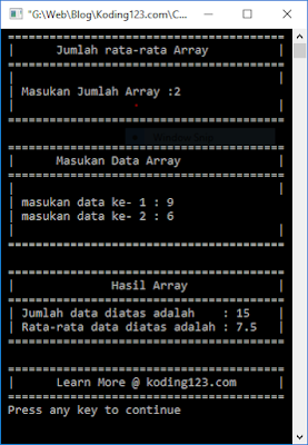 koding123 koding123.com | Tutorial kode cara Mencari Jumlah dan Rata-rata pada Program Array algoritma bahasa pemrograman C++