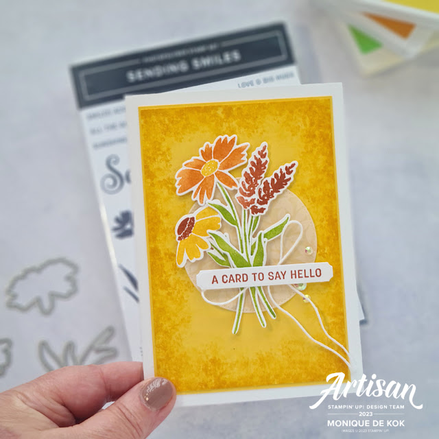 Sending Smiles, zelfgemaakte kaart, Artisan Designteam, Tip, Techniek, stempelen, achtergrond, kleur, Stampin met Monique