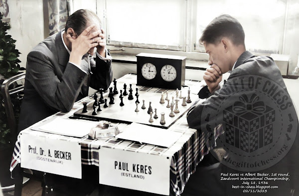 Albert Becker plays the black pieces in his game with Paul Keres, 1st round, Zandvoort International Chess Championship, July - August 1936.