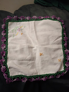 Vintage handkerchief with embroidered flowers, floral tatted edgings in matching colors, a couple of small tatted butterflies