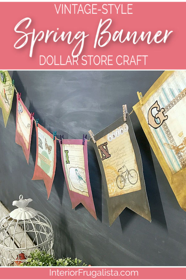 A DIY Vintage-Style Spring Banner easy dollar store craft perfect for a simple Spring paper garland to hang on a fireplace, mirror, or chalkboard. #springbannerideas #springgarlandideas #dollarstorecrafts #springcrafts