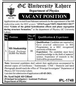 GC University Jobs 2021 -  GC University Lahore Jobs 2021 - Government College GC University Lahore Jobs 2021 - MS Studentship Jobs 2021