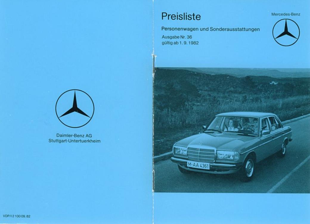 Mercedes-Benz Baureihe 107 123 126 Preisliste 09/1982 Nr. 36