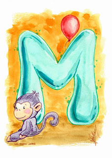 Cute Alphabet: M for monkey letter 002 by Elizabeth Casua, tHE 33ZTH oRDER. Watercolour artwork Initials.
