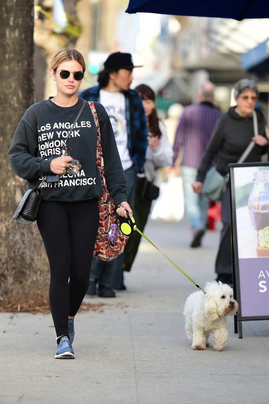 Lucy Hale style walking her dog in Los Angeles