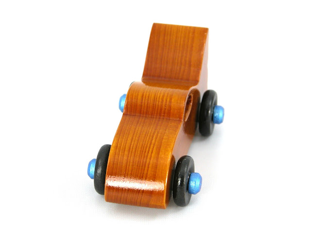 Handmade Wood Toy Car based on the Bat Car in the Play Pal Series, Amber Body, Metallic Blue Hubs, Black Wheels