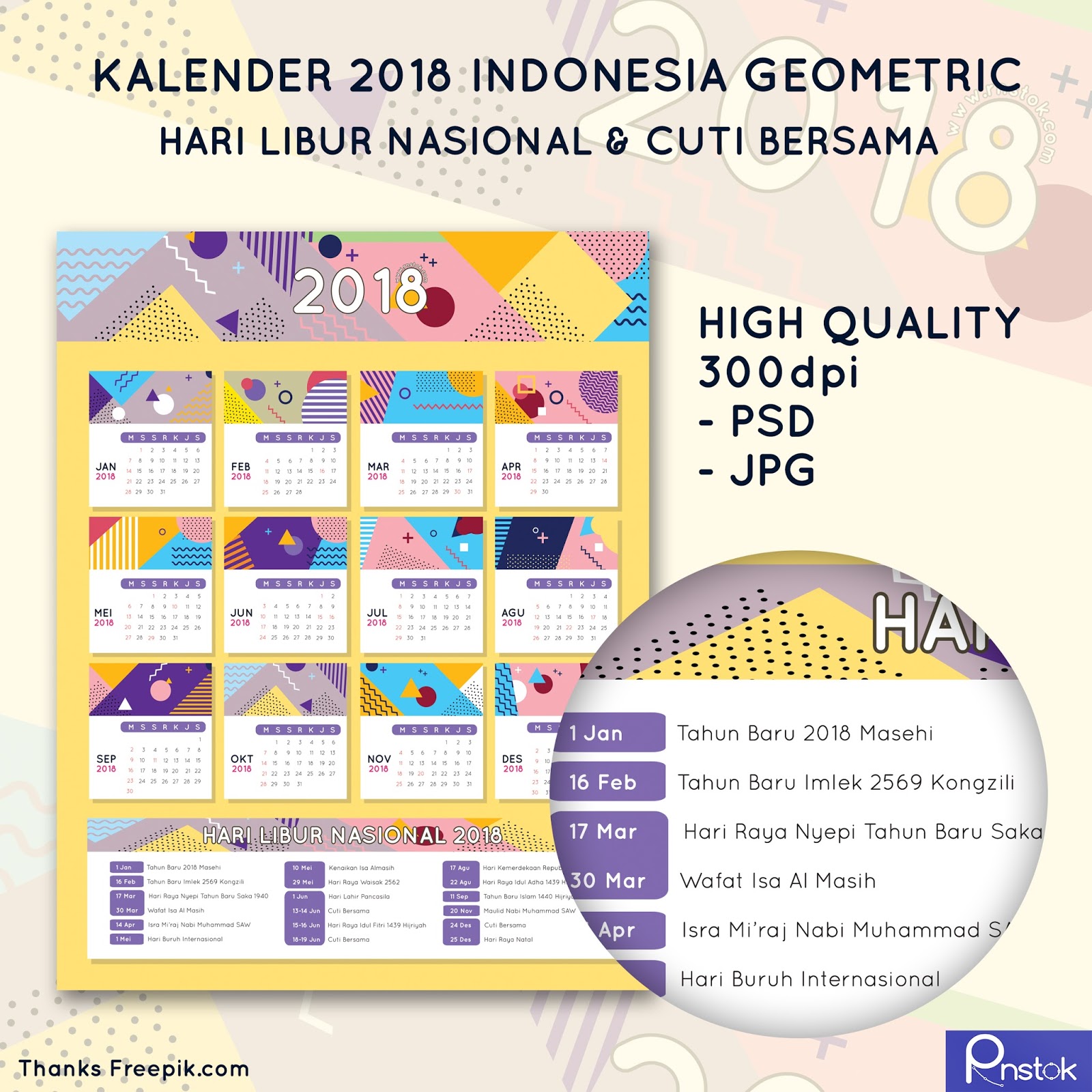 Download PSD JPG Template Kalender 2018 Indonesia Geometric Pack