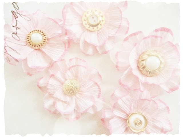 Pink Crepe Paper Flowers with Vintage Button Centers by Dana Tatar