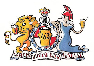 Colourful Great British Beer Festival Logo by Christine Jopling, the Lion and Britannia having a beer leaning on shield with a pint in the middle and a crowned CAMRA logo on the top.