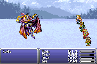 The party battles Kefka, the final boss of the Battle of Narshe in Final Fantasy VI.