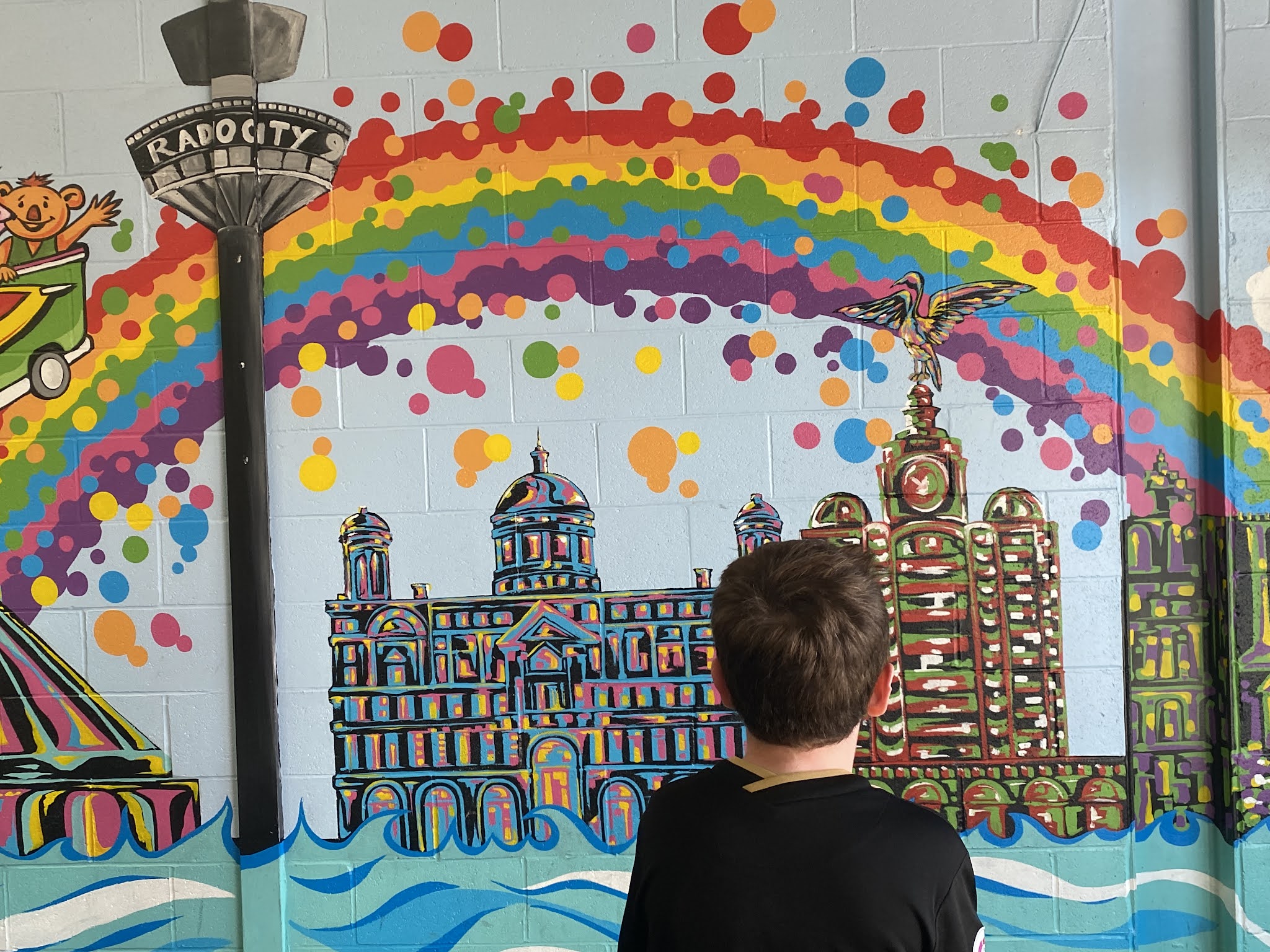 Boy looking at a wall mural