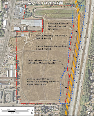 A map shows the landfill in the center, with the freeway just to the right. A double yellow line shows the future path of light rail along the freeway at the landfill's edge. A red line shows the landfill boundaries. A blue line shows the work area for light rail construction.