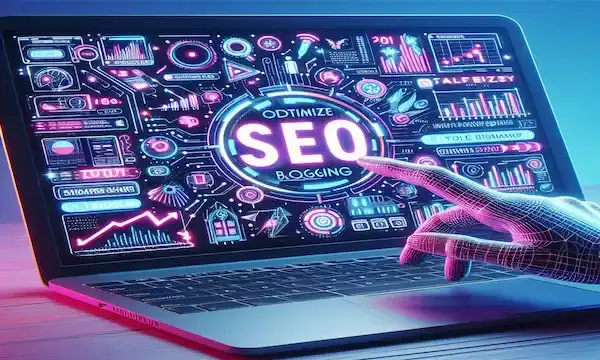 a colorful laptop screen displaying elements related to SEO (Search Engine Optimization). The laptop screen is vibrant and filled with graphics.