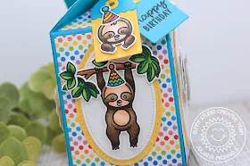 Sunny Studio Stamps: Surprise Party Paper Bold Balloons Happy Thoughts Silly Sloths Wrap Around Box Dies Birthday Card Birthday Gift Box by Angelica Conrad and Juliana Michaels