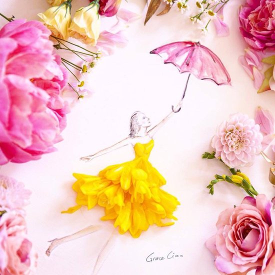 Grace Ciao ilustrações fashion com flores como vestidos coloridos mulheres