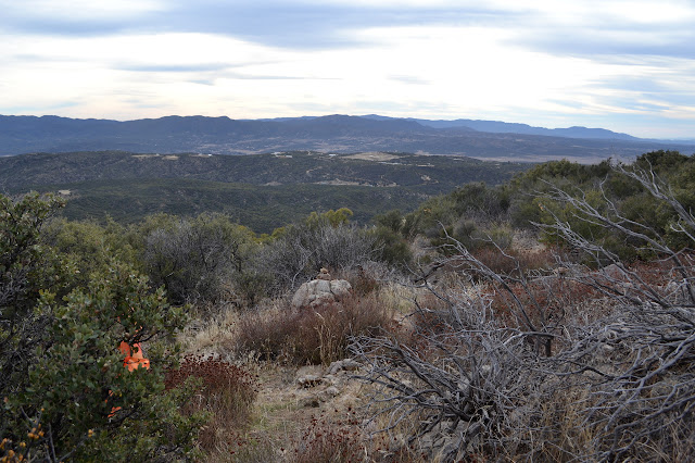 bright orange trail flagging and a cairn mark the use trail