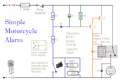 easy build motocycle alarm circuit Schematic with explanation