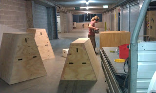 The equipment comprises of vaulting boxes and platforms for jumping