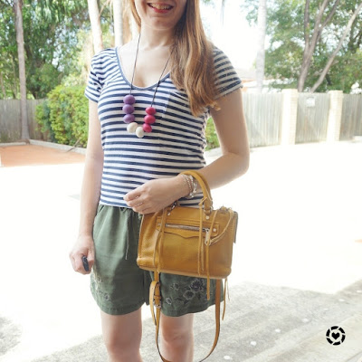 awayfromblue instagram stripe tee olive floral shorts mustard yellow micro regan bag