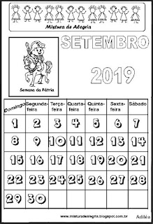 Calendário setembro 2019 para colorir