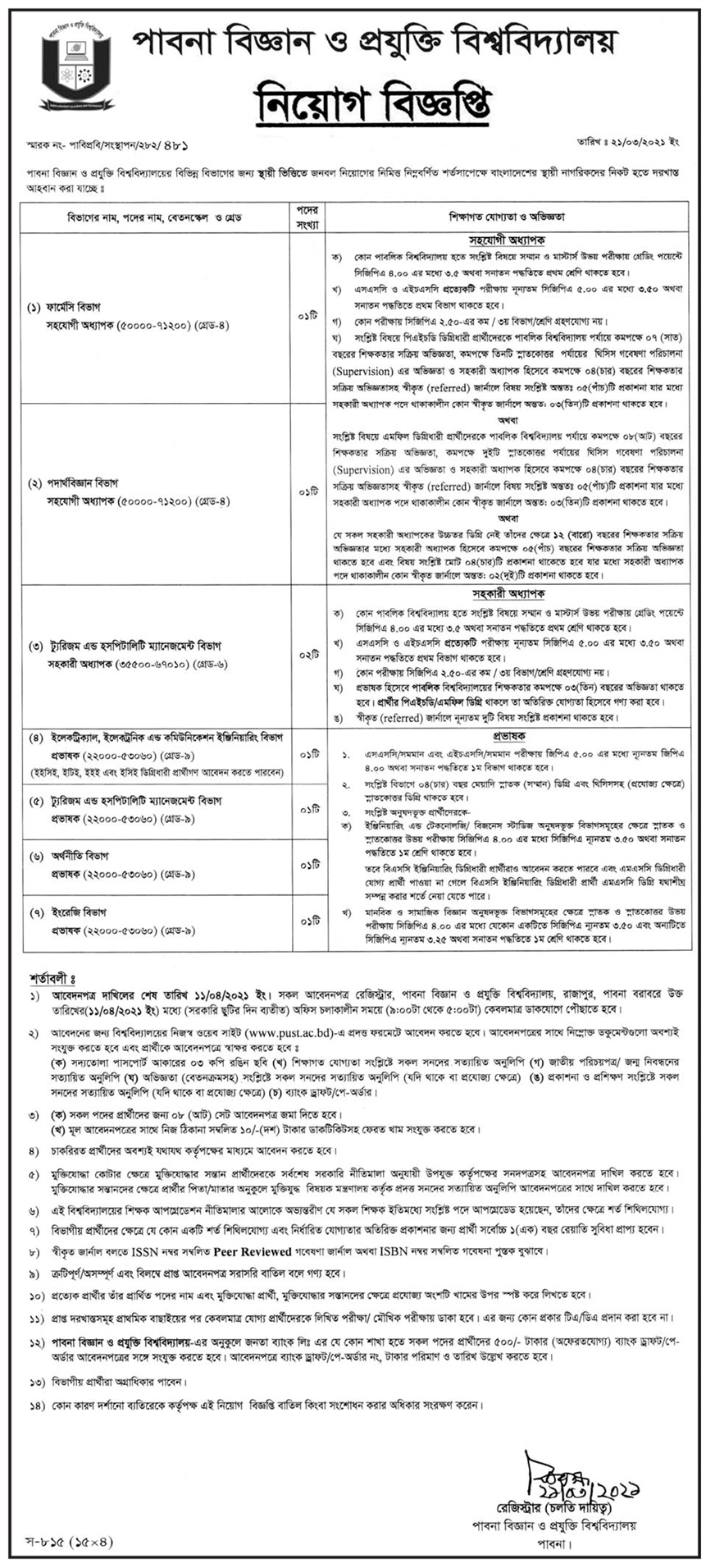 PUST Job Circular 2021