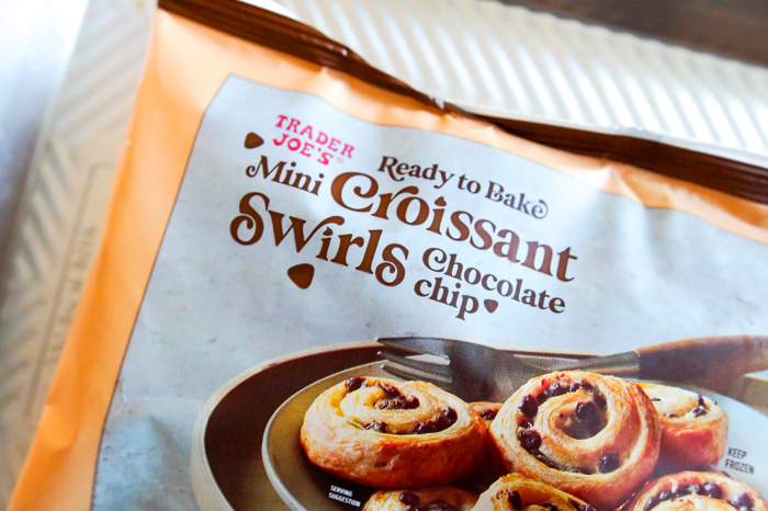 Trader Joe's Mini Croissant Swirls Chocolate Chip, close-up of bag