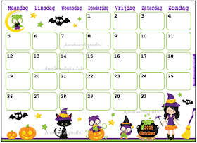 Oktober kalender, kalender voor kinderen, kinder kalender, kalender om zelf te printen, diy kalender, halloween kalernder, herfstvakantie kalender