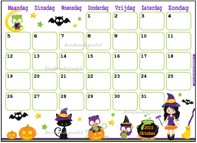Oktober kalender, kalender voor kinderen, kinder kalender, kalender om zelf te printen, diy kalender, halloween kalernder, herfstvakantie kalender
