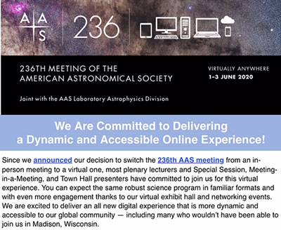 Summer AAS 236th Meeting, scheduled for Madison, WI, now to be held online (Source: www.aas.org)