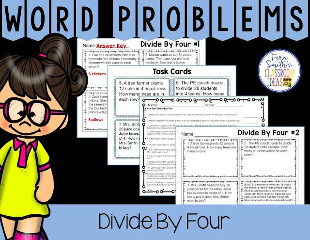 https://www.teacherspayteachers.com/Product/Word-Problems-3rd-Grade-Divide-By-Four-Printables-Task-Cards-and-Assessments-3084940