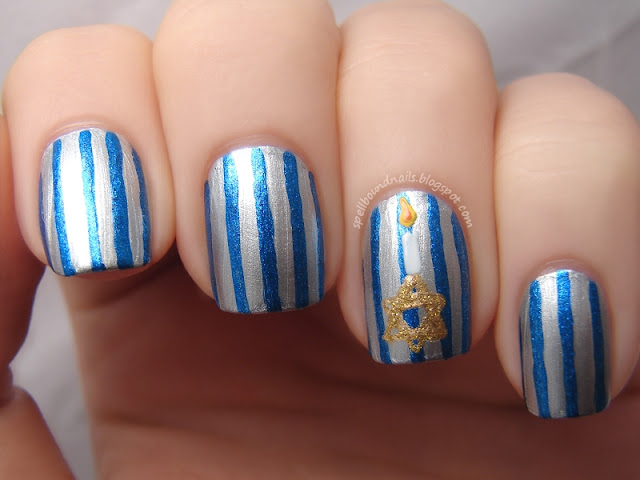 nails nailart nail art polish mani manicure Spellbound Happy Hanukkah Chanukah holiday Star of David gold silver blue China Glaze Blue Bells Ring Pure Ice Silver Mercedes candle fire flame stripes