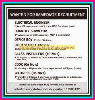 Immediate Job Requirements for Qatar
