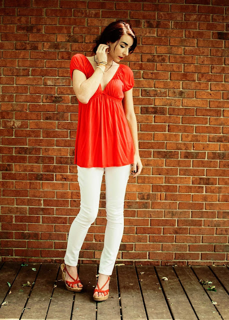 white jeans cutout back shirt wedges