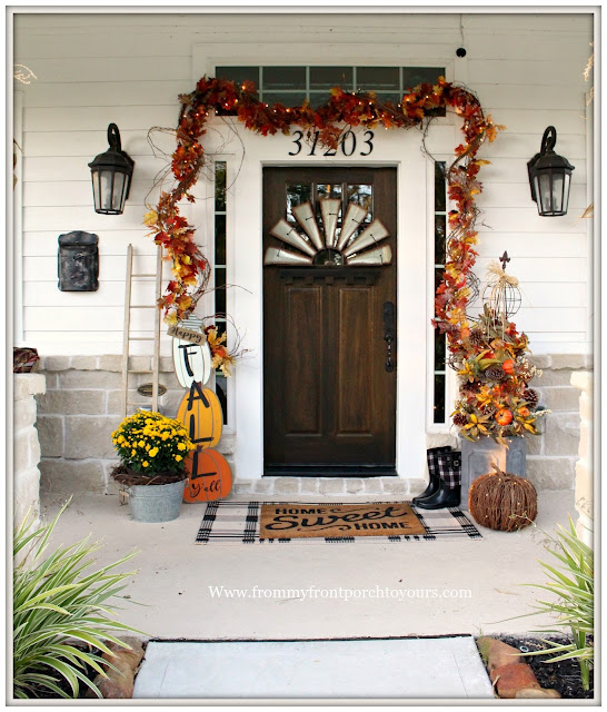 Fall Porch Decorations-Fall Y'all Sign-Decor Steals-Grapevine-Mums-Front Door-From My Front Porch To yours