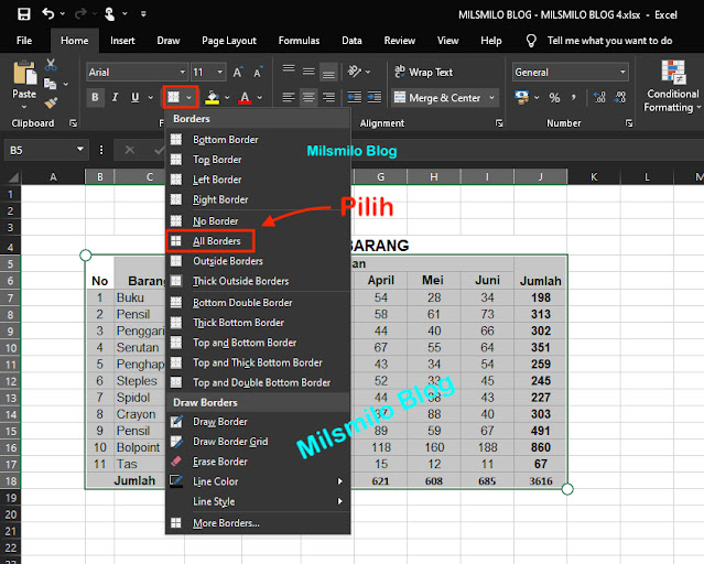 cara membuat garis tabel di Excel, membuat border di excel pada tabel, menambahkan garis tabel dan memberi garis di excel dengan border, membuat garis otomatis di excel