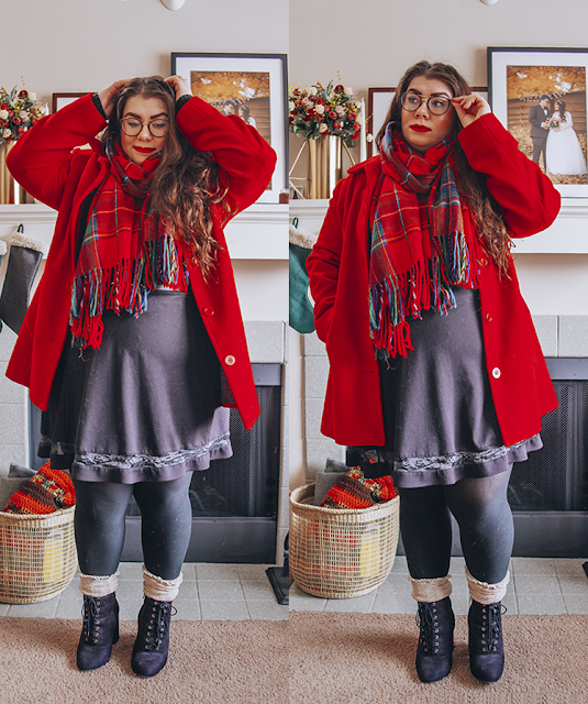 Red coat, red plaid scarf, black knit sweater, black skater skirt, black tights, cream high socks, black boots