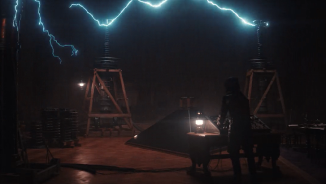 Lightning bolts in a room with scientific contraptions