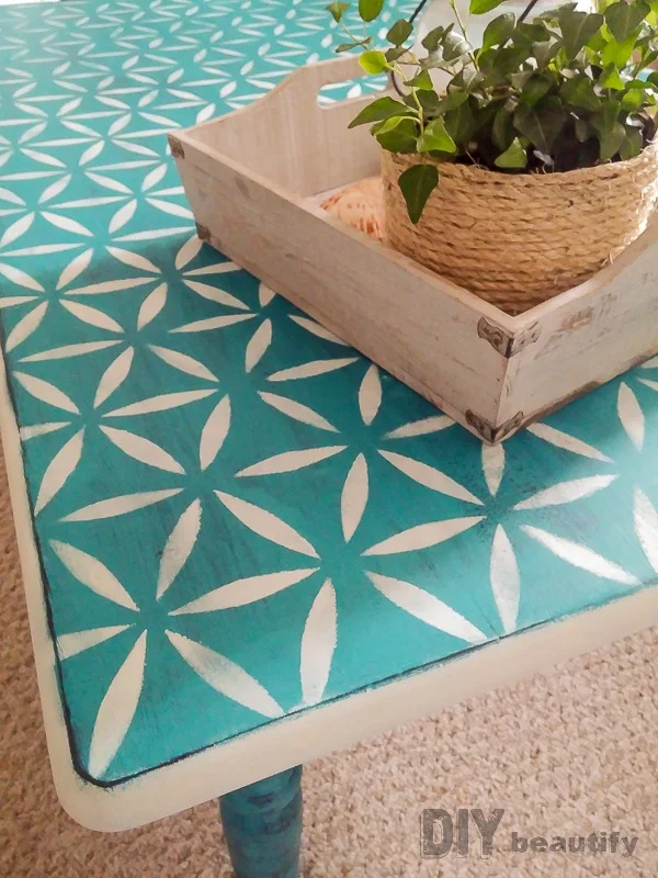 stenciled coffee table rescued with Americana Decor chalky finish paint