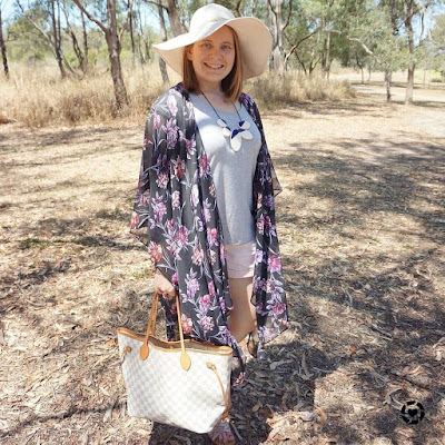 awayfromblue Instagram | black floral duster kimono with grey tee shorts louis vuitton neverfull tote