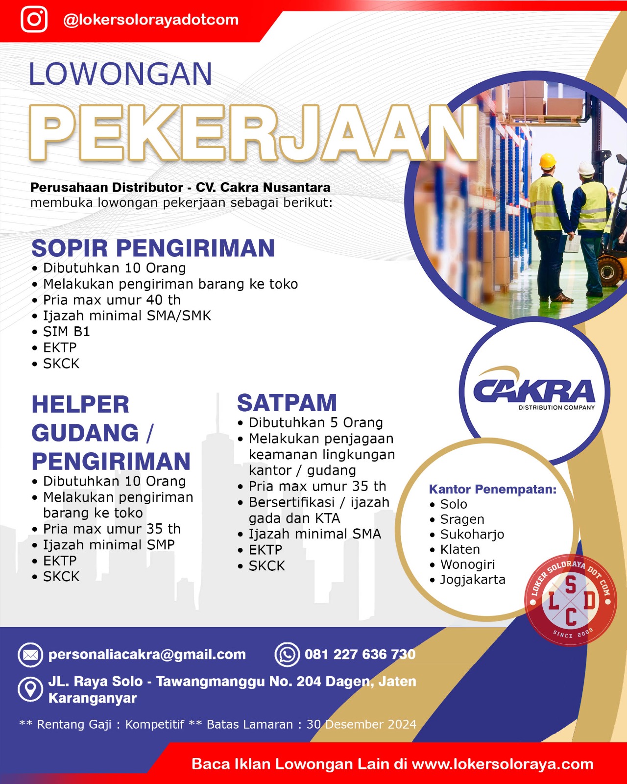 Loker Solo Raya di CV Cakra Nusantara SPV, Salesman, Sopir, Helper, Satpam