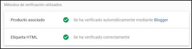 métodos de verificación utilizados en search console