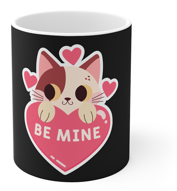 Valentine Ceramic Mug With Colorful Pink Illustrated Be Mine Text Inside a Heart Held By Cute Day