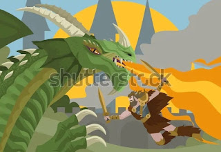 Beowulf fighting with fire dragon