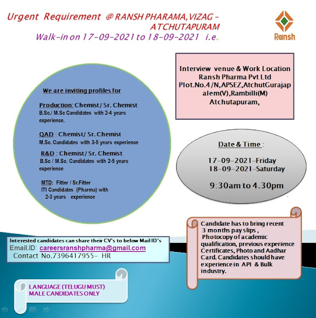 Job Availables, Ransh Pharma Pvt. Ltd – Walk-In Interviews for Production, Quality Assurance, R&D, Maintenance Departments