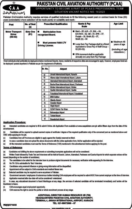 Driver Jobs in Pakistan Civil Aviation Authority June 2023