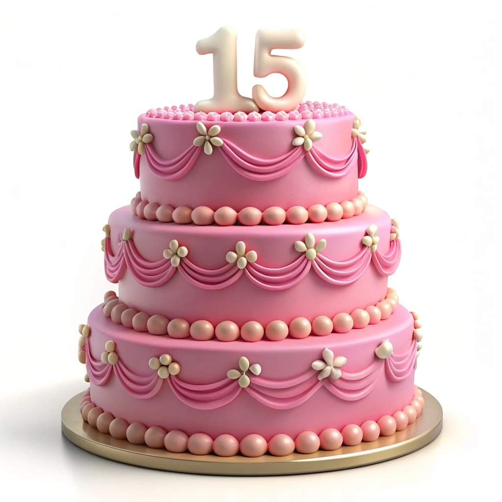  pastel de 15 años color rosa decorado con rosas y perlas 