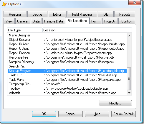 VFP's Option Dialogue has a Startup Program entry, too!