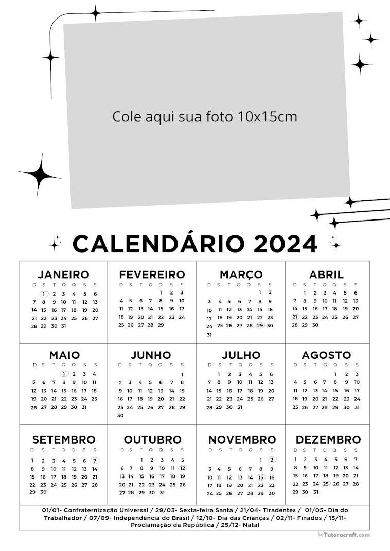 Calendário 2024 personalizado com foto 10x15